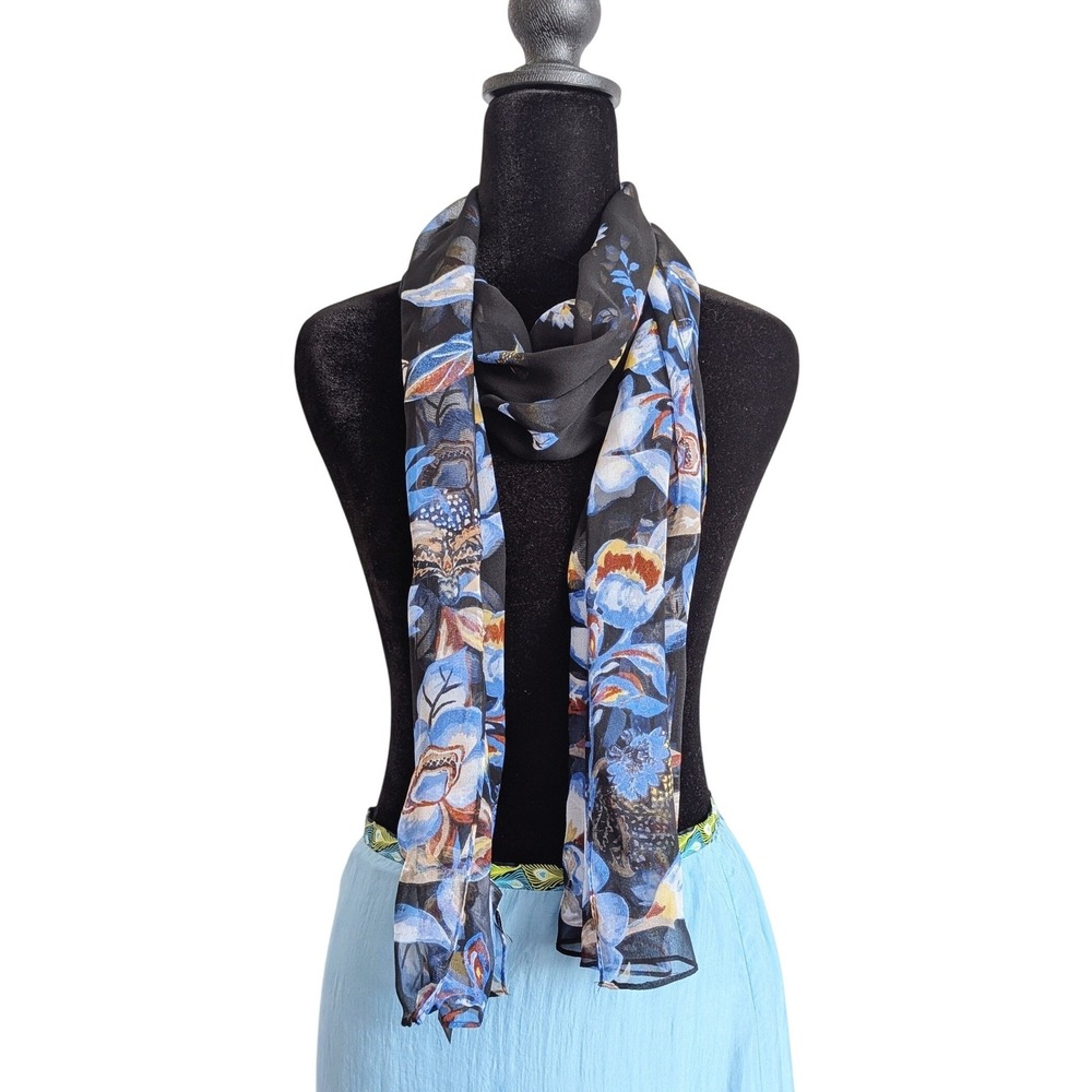 WHBM Dark Romantic Boho Chic Elegant Blue Floral Silk Rolled Hem Sheer Scarf